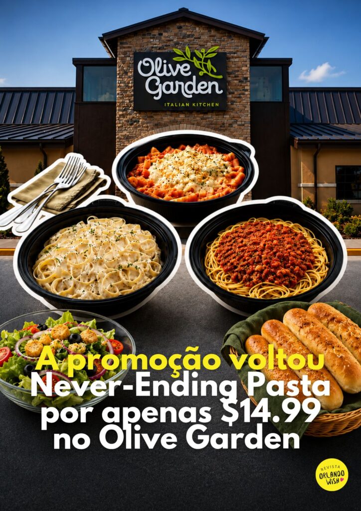Olive Garden traz de volta massa à vontade por US$ 14,99: veja como funciona o Never-Ending Pasta Bowl 2026 em Orlando